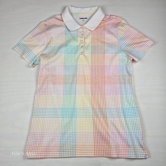 Lands' End Tops - Lands End Womens Button Up Shirt Polo Collar Rainbow Plaid 100% Cotton Medium
